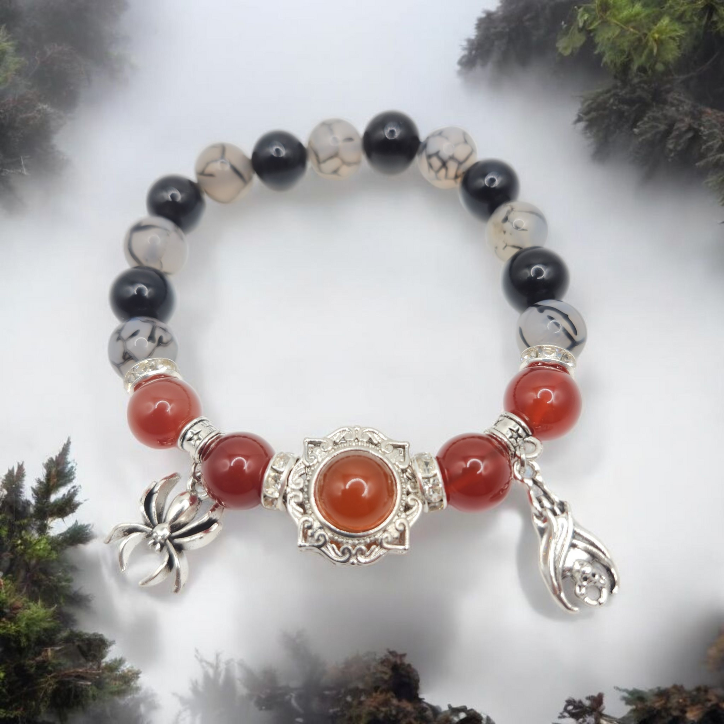 Red Agate Spider and Bat Charm Bracelet