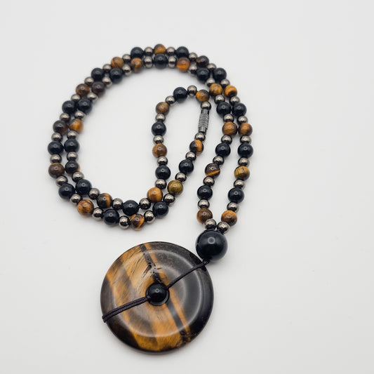 Tiger’s Eye Donut Pendant Necklace – Obsidian & Gunmetal Accents