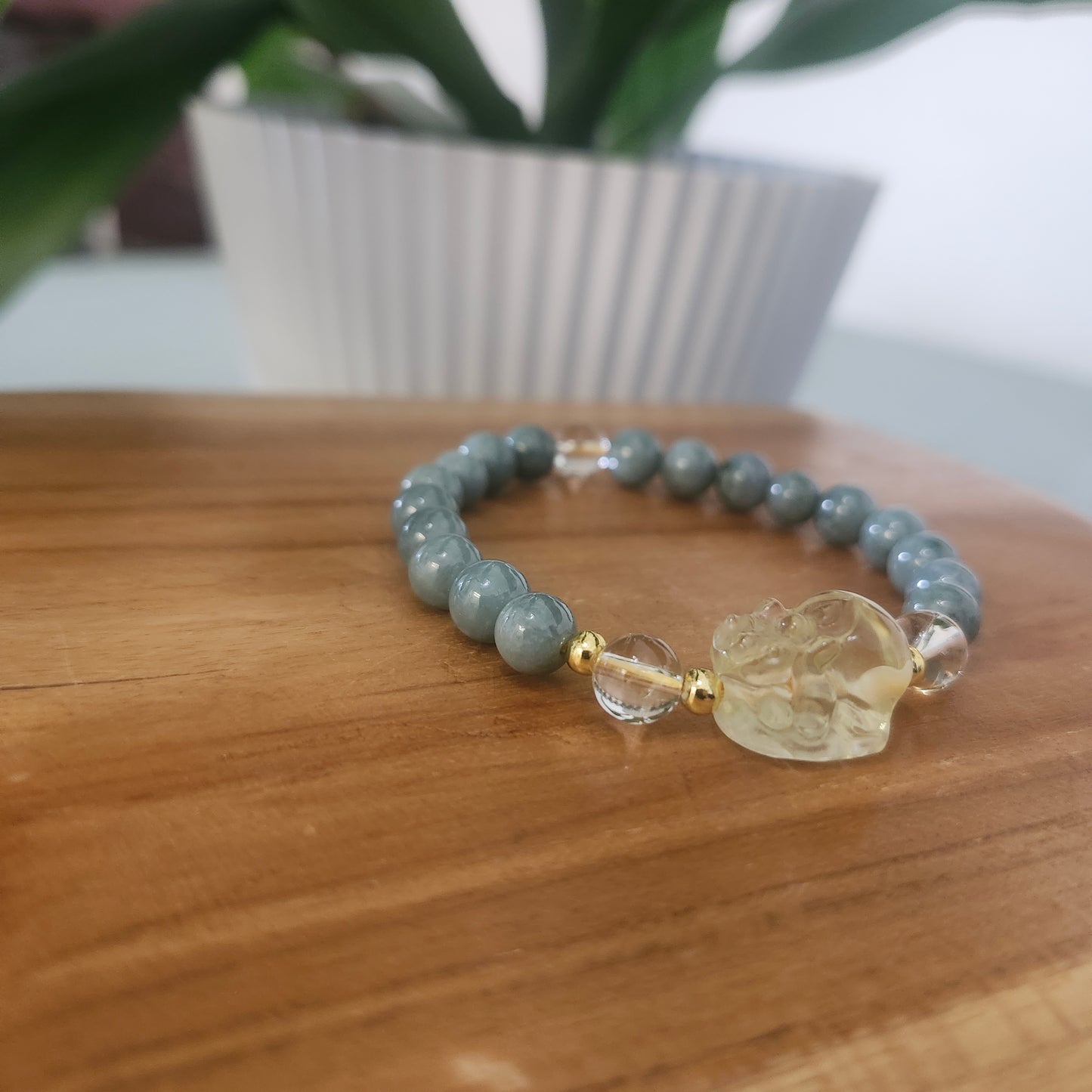 Blue Water Jade Bracelet with Citrine Pixiu Charm
