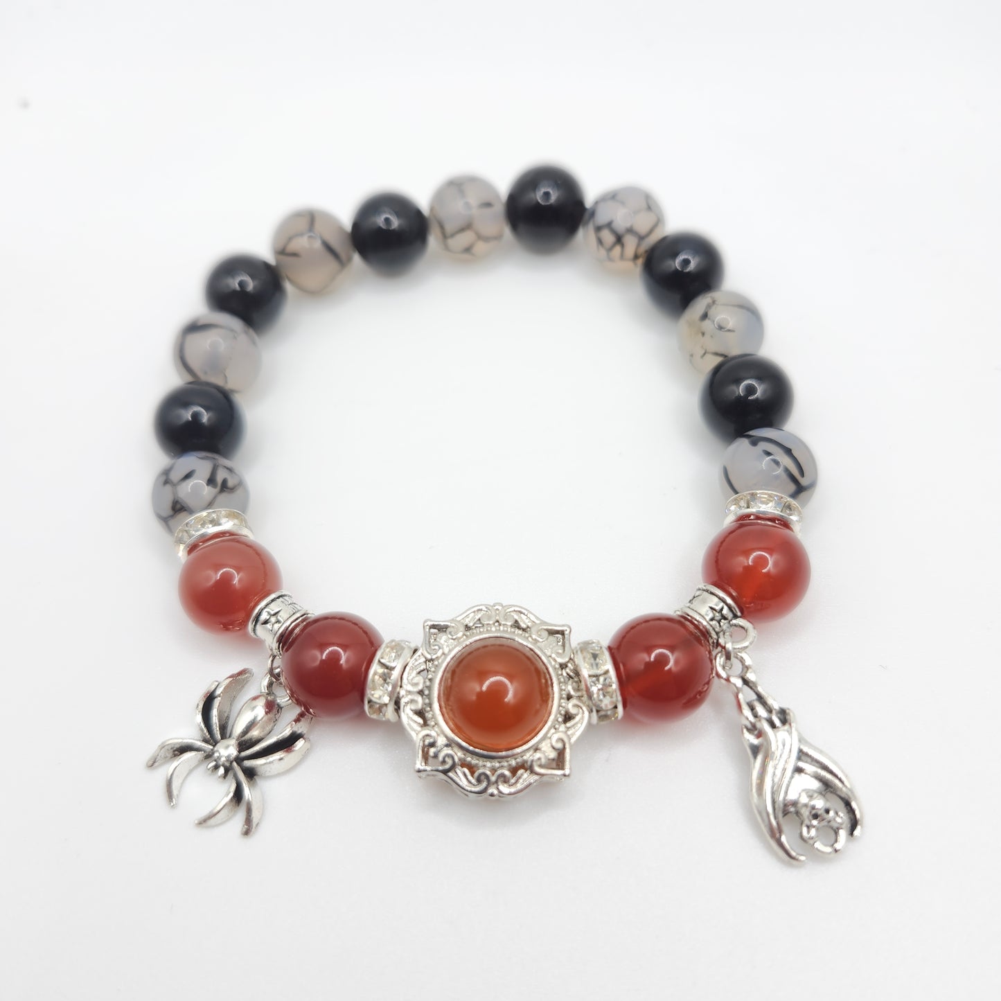 Red Agate Spider and Bat Charm Bracelet