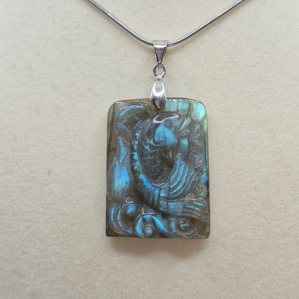 Hand Carved Flashy Labradorite Fish Pendant Necklace