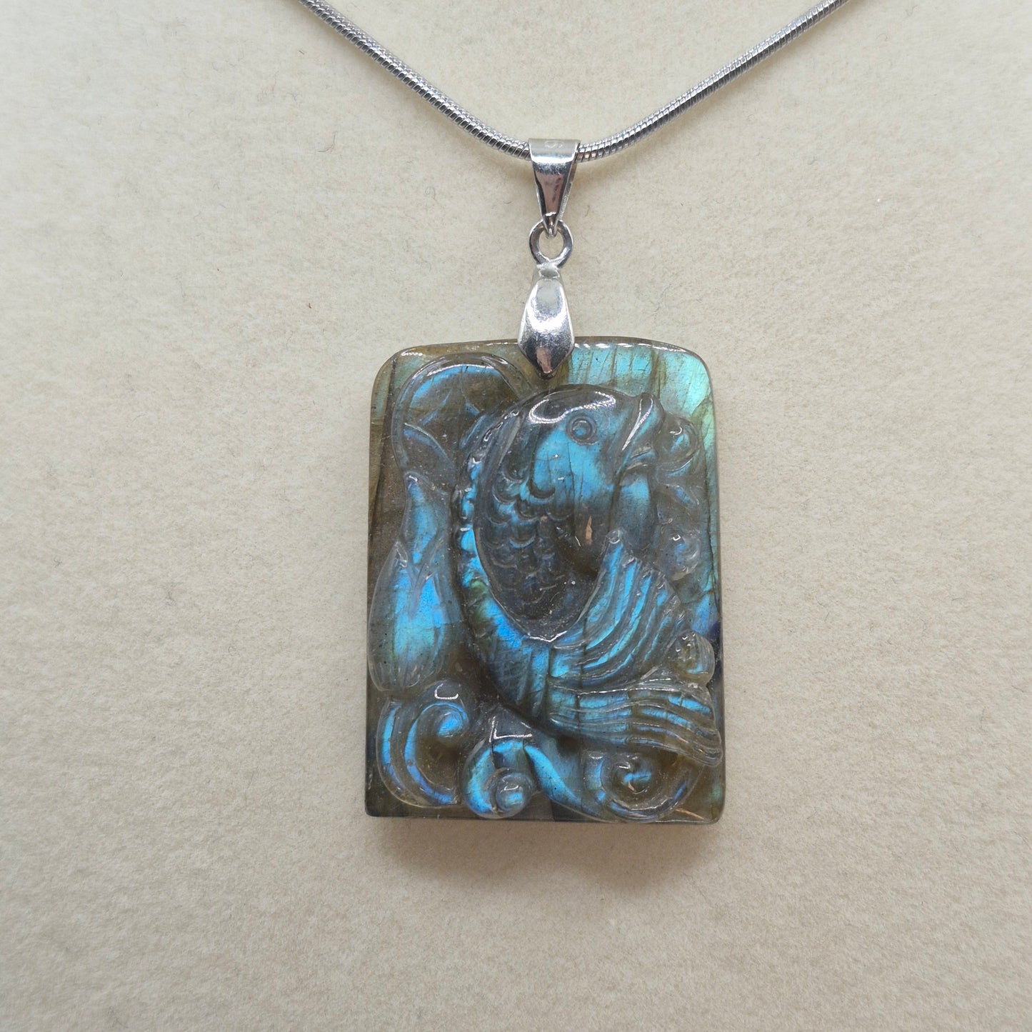 Hand Carved Flashy Labradorite Fish Pendant Necklace