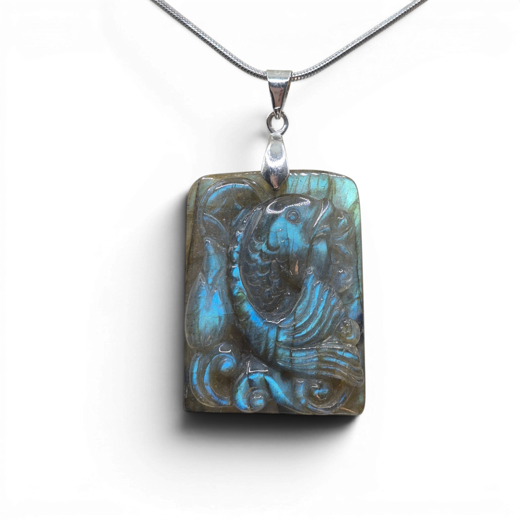 Hand Carved Flashy Labradorite Fish Pendant Necklace