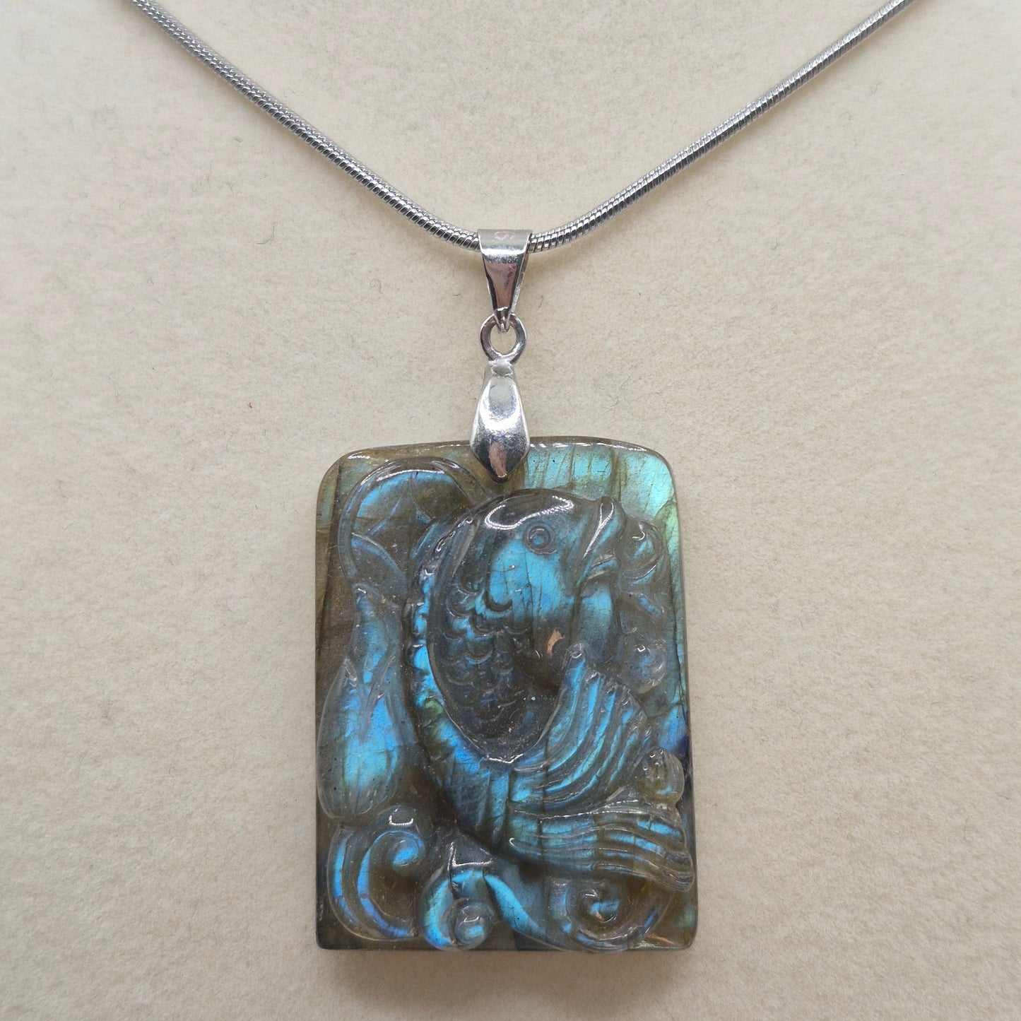 Hand Carved Flashy Labradorite Fish Pendant Necklace