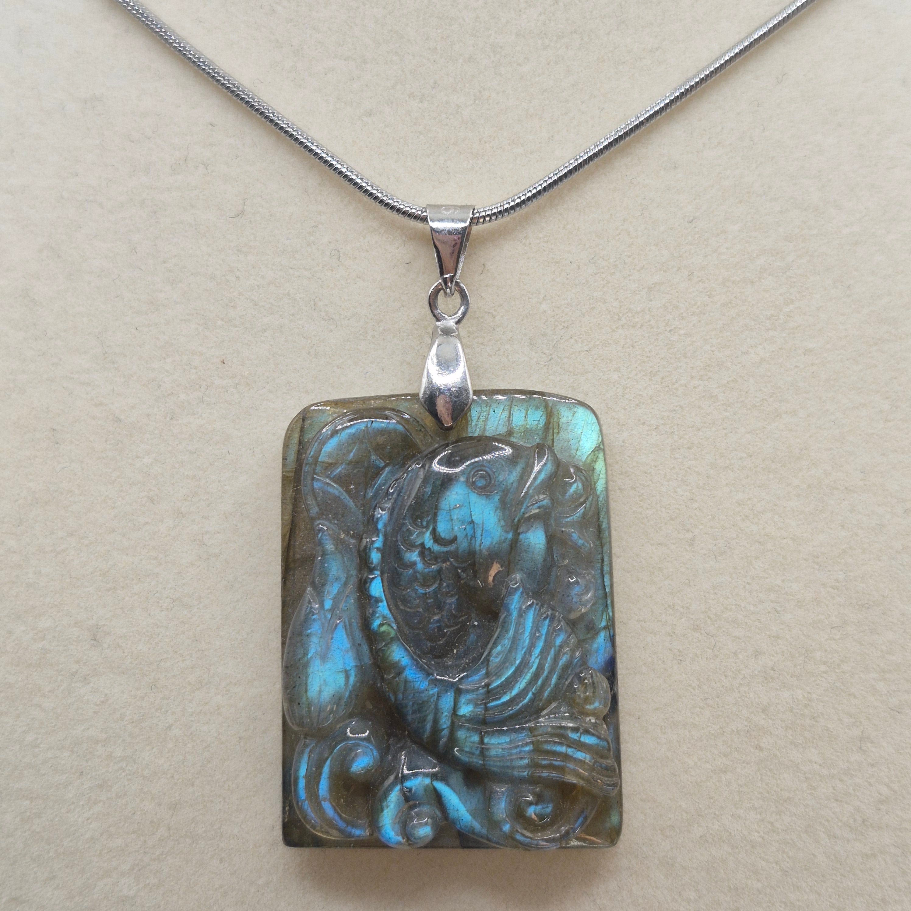 Hand Carved Flashy Labradorite Fish Pendant Necklace