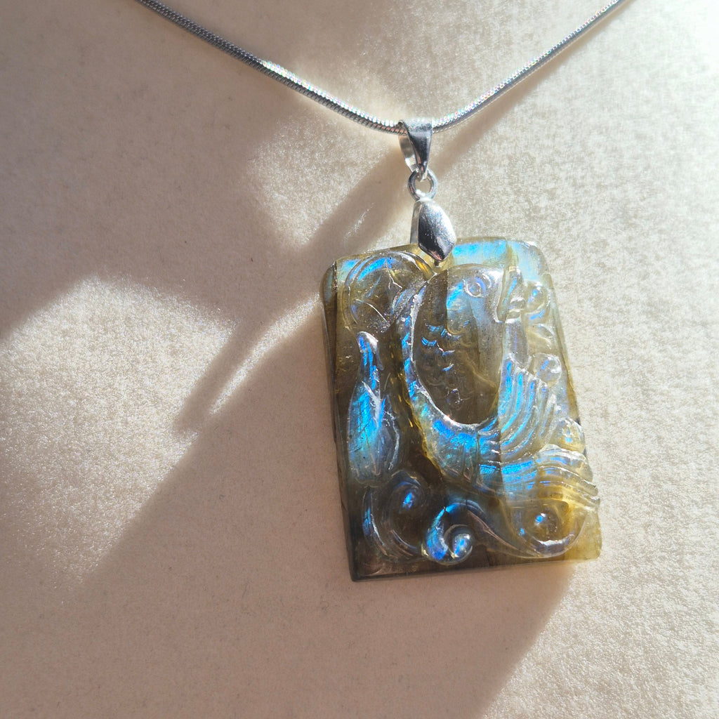 Hand Carved Flashy Labradorite Fish Pendant Necklace
