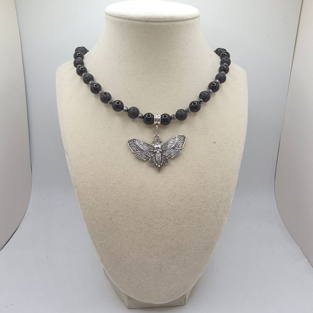 Death’s-Head Moth Obsidian & Lava Stone Necklace