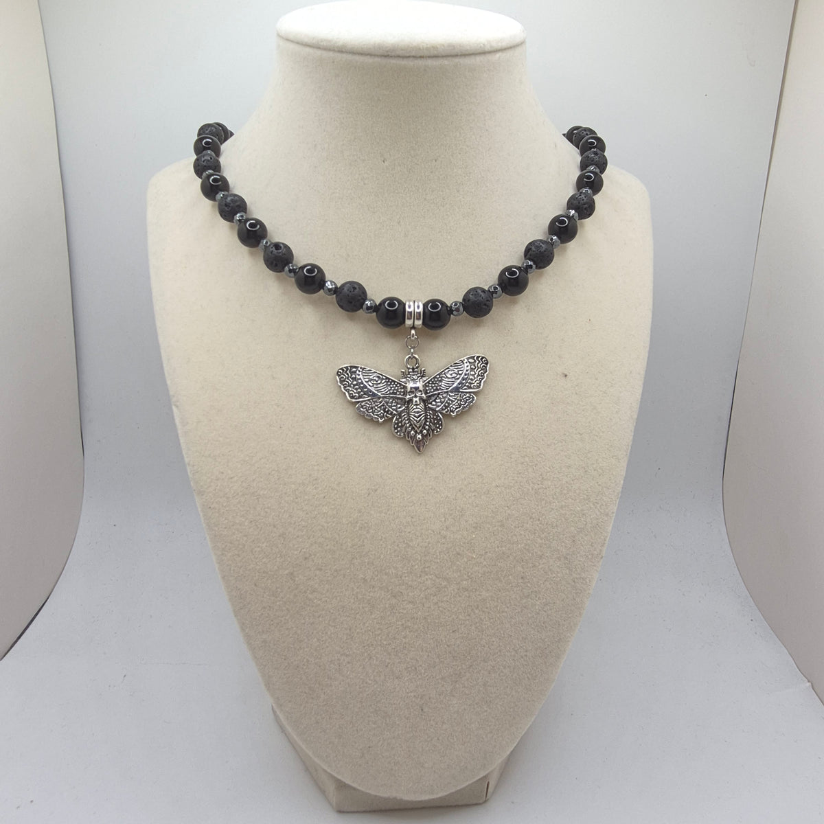 Death’s-Head Moth Obsidian & Lava Stone Necklace