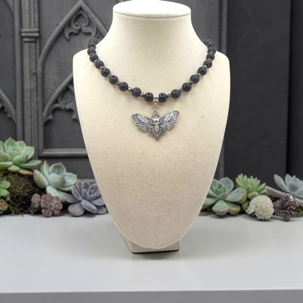 Death’s-Head Moth Obsidian & Lava Stone Necklace