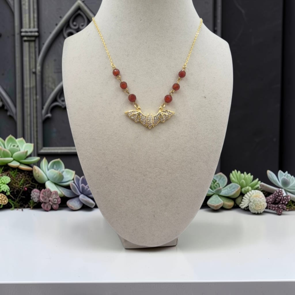 Bat Pendant and Red Agate Stainless Steel Necklace