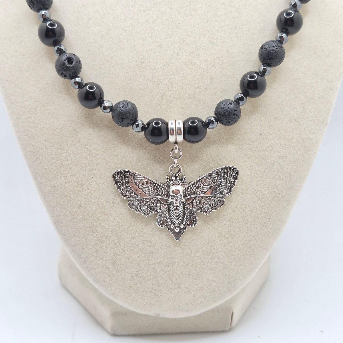 Death’s-Head Moth Obsidian & Lava Stone Necklace