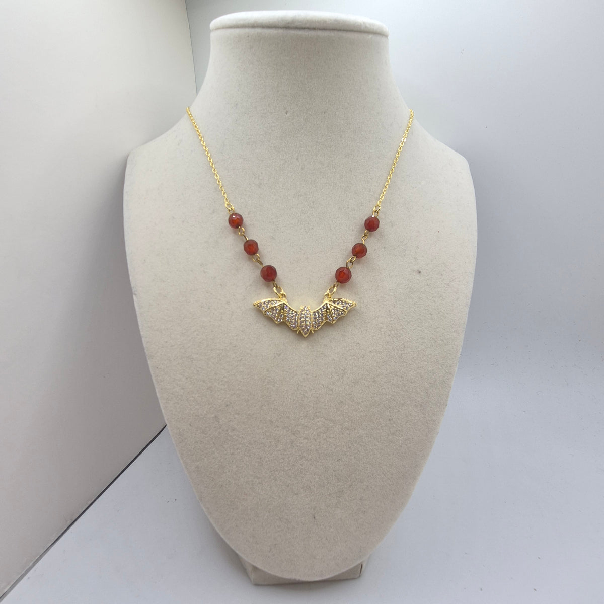 Bat Pendant and Red Agate Stainless Steel Necklace