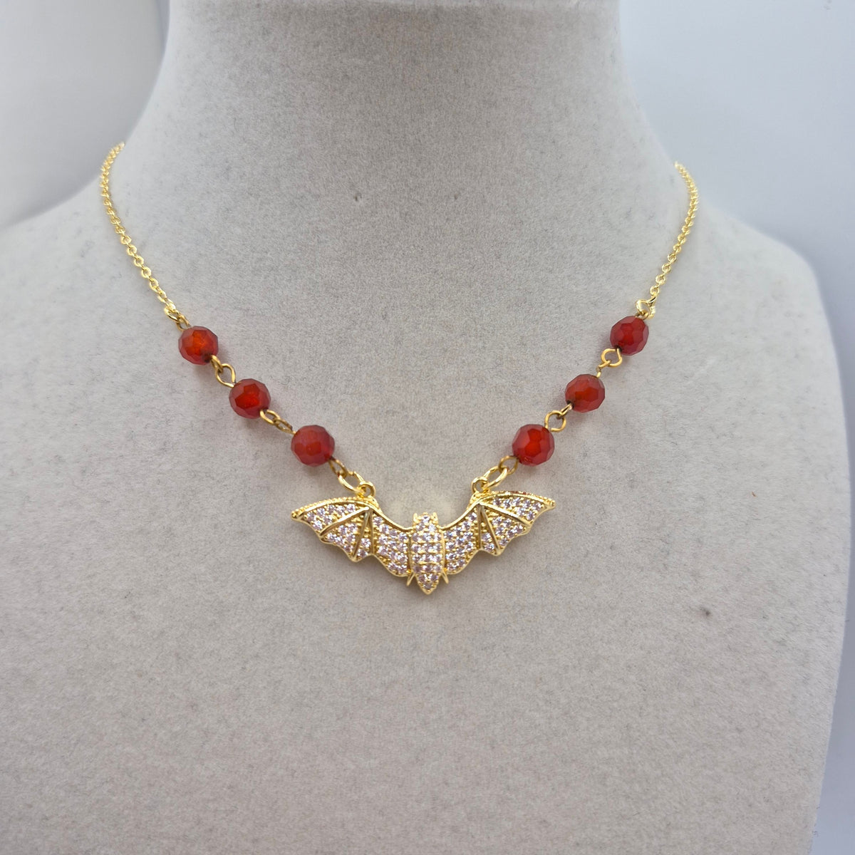 Bat Pendant and Red Agate Stainless Steel Necklace