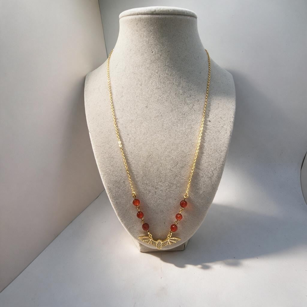 Bat Pendant and Red Agate Stainless Steel Necklace