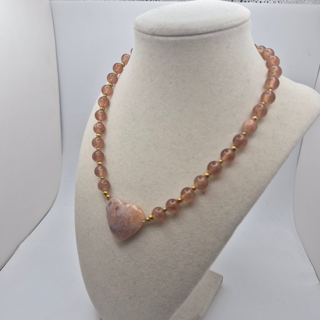 Icy Jade & Fish Egg Agate Heart Necklace – 17"