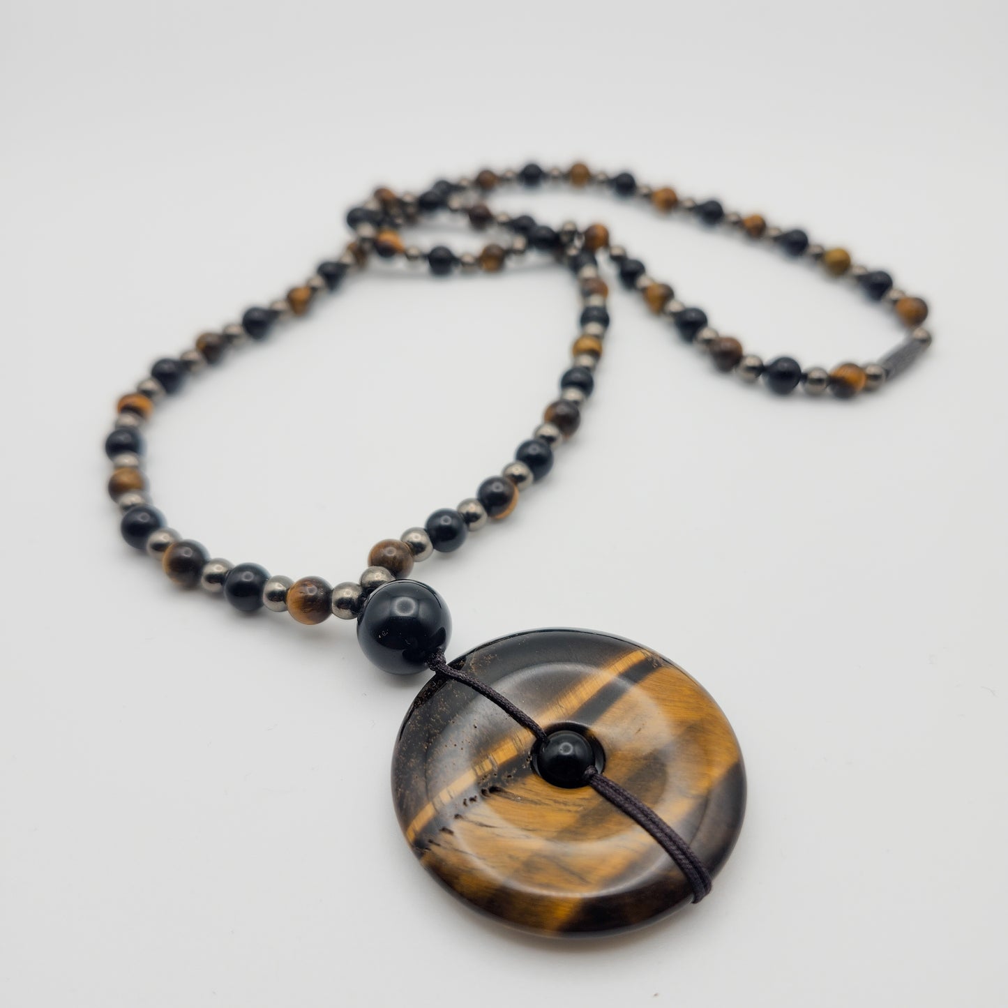 Tiger’s Eye Donut Pendant Necklace – Obsidian & Gunmetal Accents