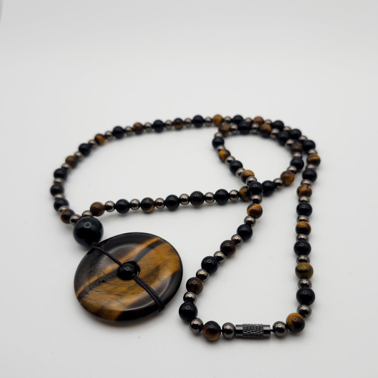 Tiger’s Eye Donut Pendant Necklace – Obsidian & Gunmetal Accents