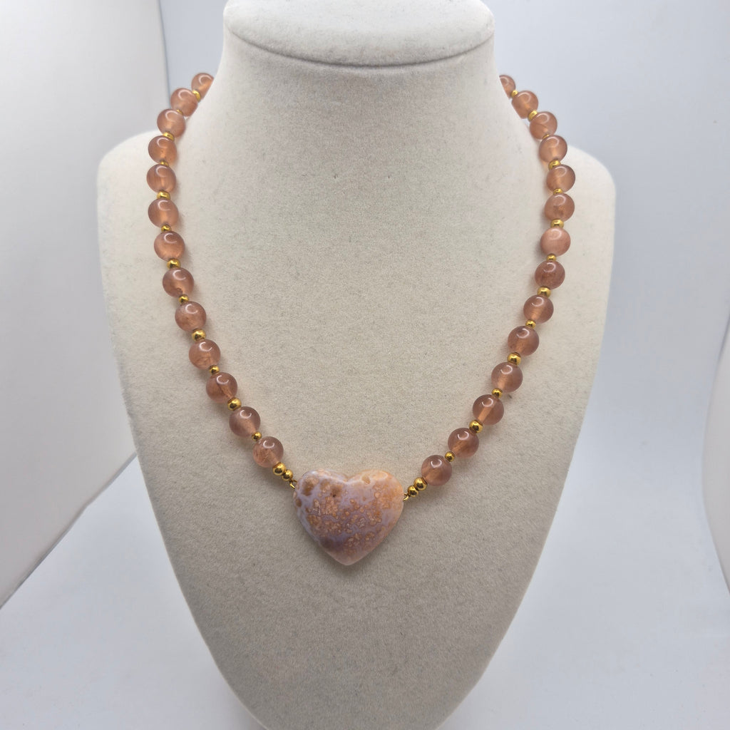 Icy Jade & Fish Egg Agate Heart Necklace – 17"