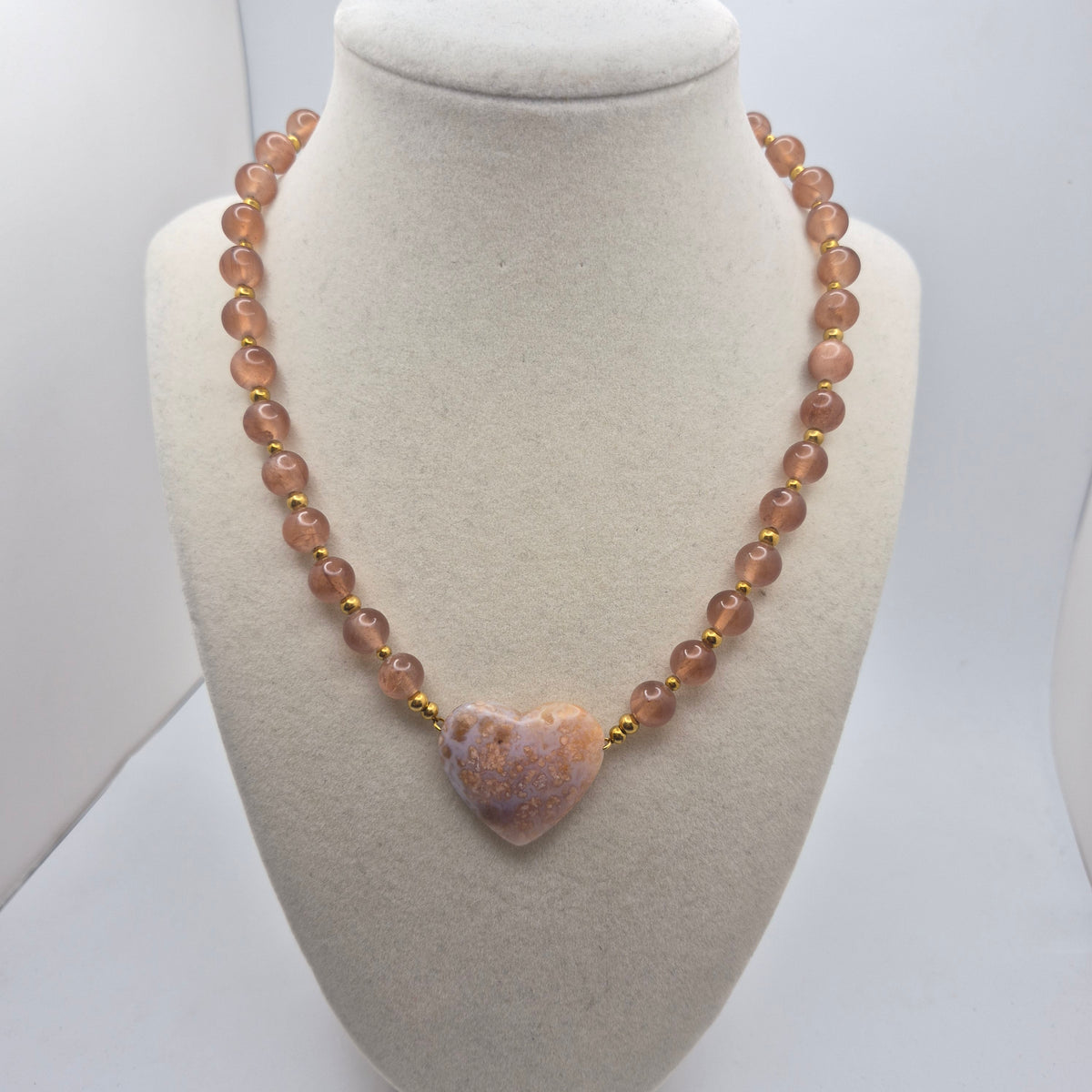 Icy Jade & Fish Egg Agate Heart Necklace – 17"